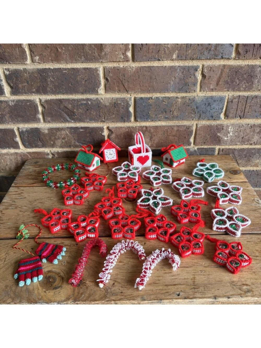 VTG Handmade Christmas Ornament Lot Plastic Canvas Beads